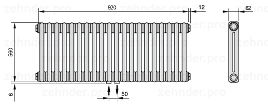 Схема (чертеж) Радиатор Zehnder Charleston 2056/20 №3470 Белый глянцевый RAL 9016